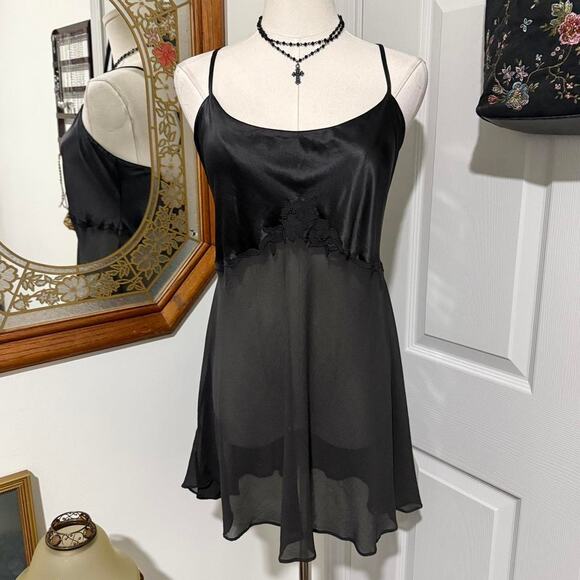 VTG 90s Victoria's Secret Black 100% Silk Beaded Floral Dark Coquette Slip Dress - Picture 3 of 8